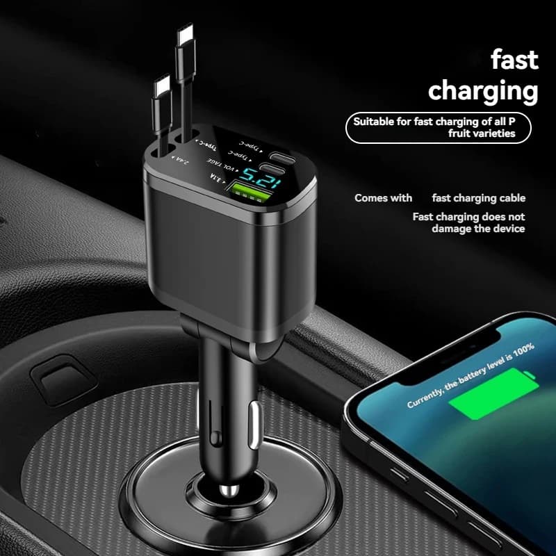 Car charger, car charger with retractable cable, car PD, car fast charging, super fast charging, flash charging, five in one cig - 6