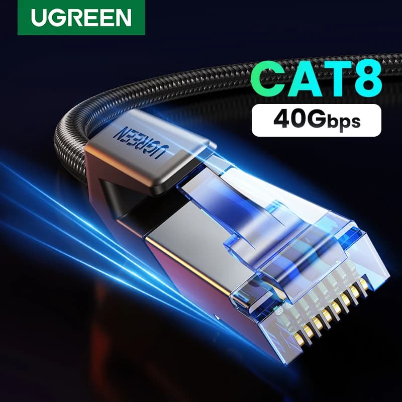 كابل إيثرنت UGREEN CAT 8 عالي السرعة مضفر 40 جيجابت في الثانية 2000 ميجاهرتز سلك شبكة لان RJ45 محمي داخلي للراوتر الكمبيوتر PS5 المودم Xbox