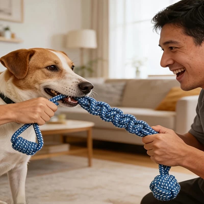 1pc Dog Toy Knot Rope Ball Cotton Rope Dumbbell Puppy Cleaning Teeth Chew Toy Durable Braided Bite Resistant Pet Supplies - 4