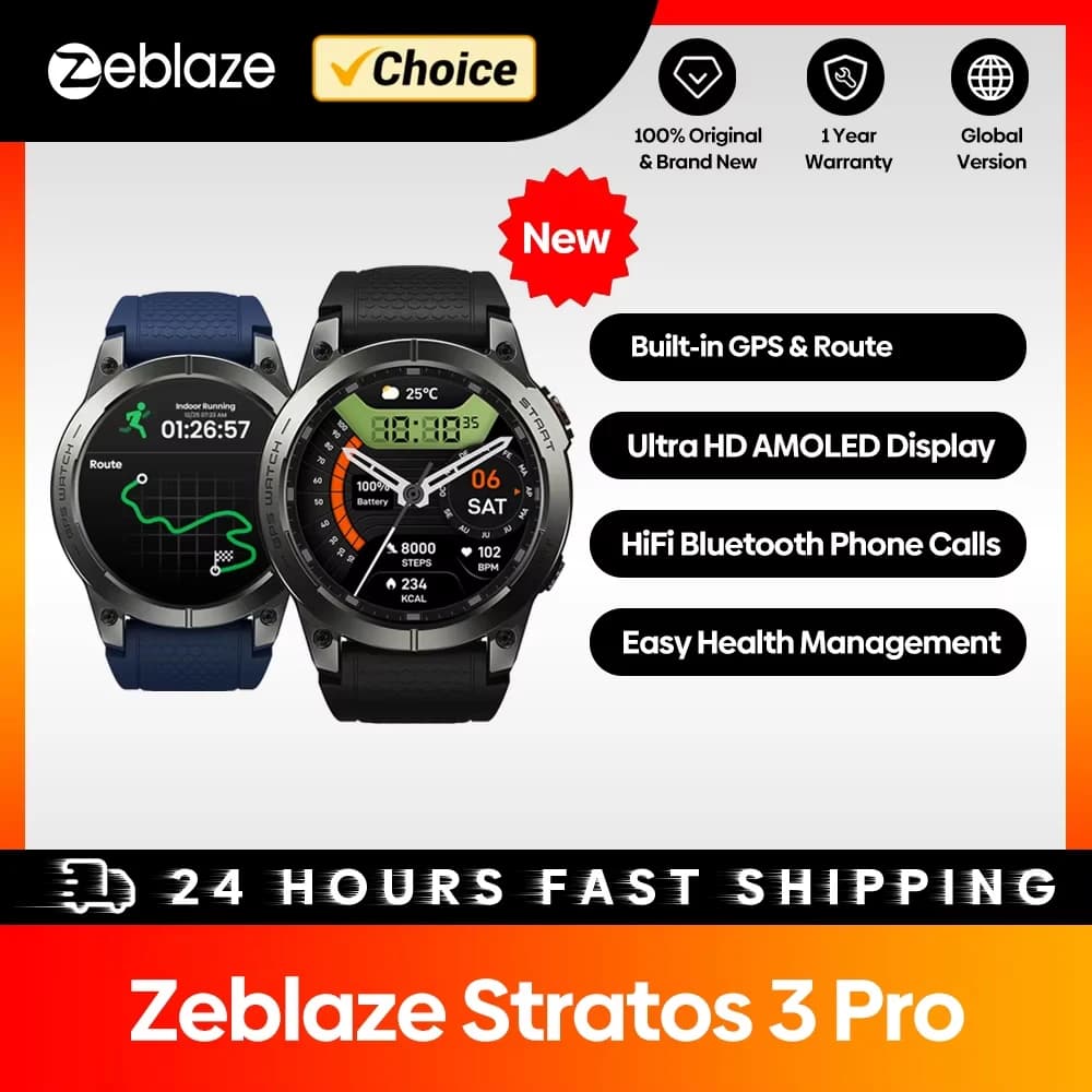ساعة Zeblaze Stratos 3 PRO الذكية بنظام تحديد المواقع العالمي (GPS) وشاشة AMOLED مقاس 1.43 بوصة ومكالمات هاتفية عبر البلوتوث ومراقبة الصحة وساعة رياضية لعرض المسار الرياضي
