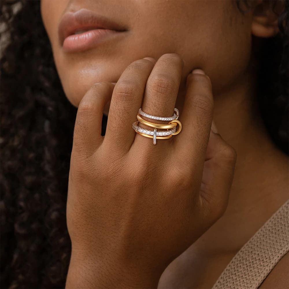 Luxury Cubic Zirconia Gold Plating Multilayer Connecting Rings for Women Fashion Mixed Color Stackable Finger Ring Party Jewelry - 4