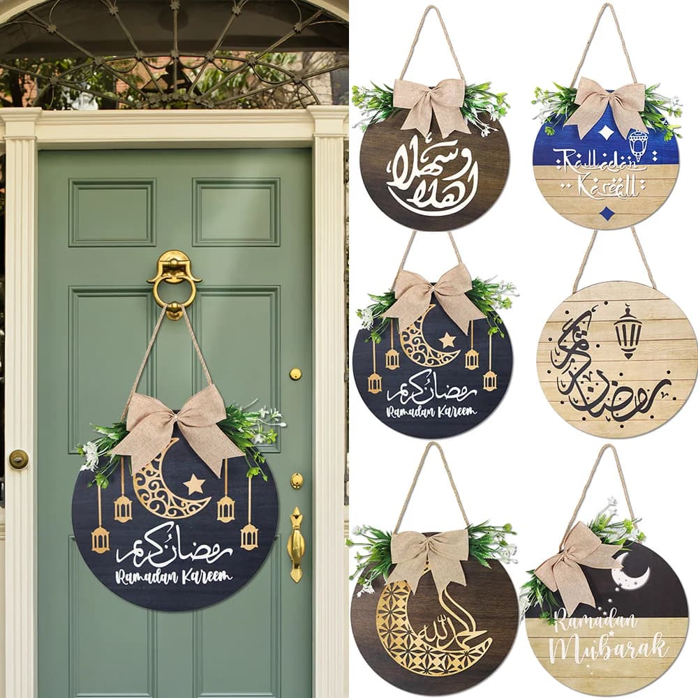 Large Elegant Ramadan Wreath Decorations Ramadan Kareem Round Hanging Door Sign Islam Eid Mubarak Muslim Home Party Supplies