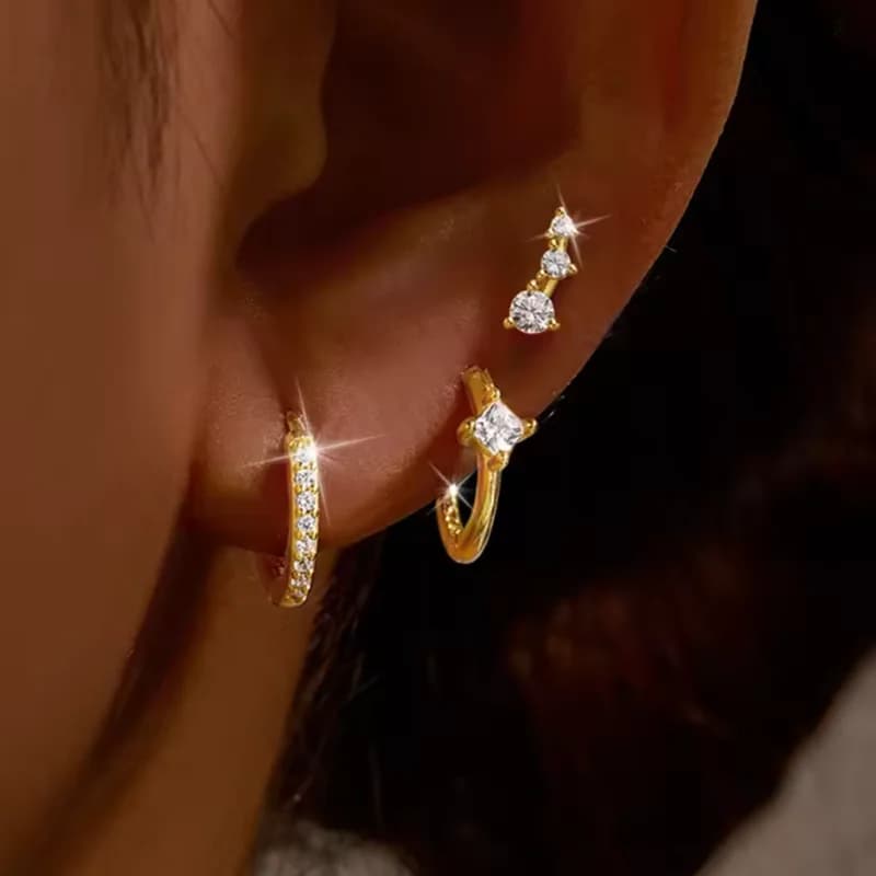 3PCS Sets Stainless Steel Square Zirconia Hoop Earrings For Women Daily Life Cartilage Stud Earrings Piercing Jewelry Gift - 2