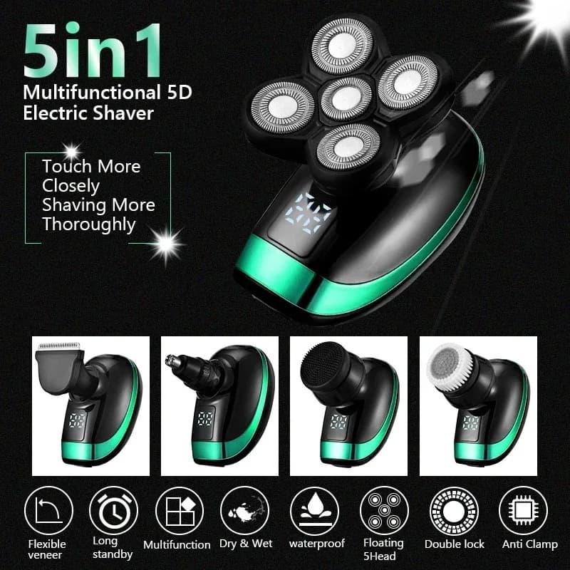 Tinsol 5 in 1 Men's Rechargeable Electric Shaver 5 Floating Head Beard, Nose and Whisker Trimmers 4D Skinhead Shaver Groomer - 2