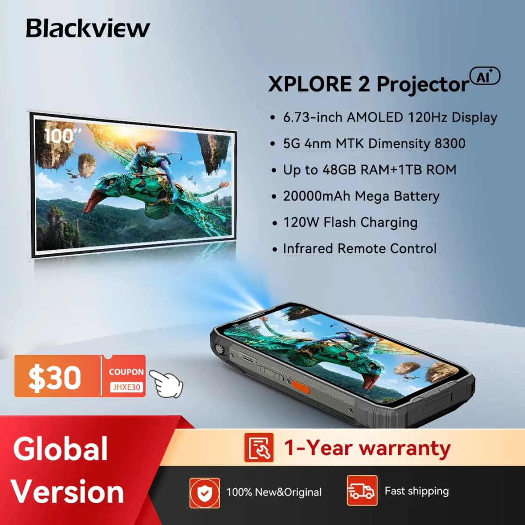 Blackview XPLORE 2 Projector 5G AI Rugged Smartphone, 6.73" 3.2K AMOLED Display, 50MP Camera, 20000mAh, Outdoor Mobile Phone NFC