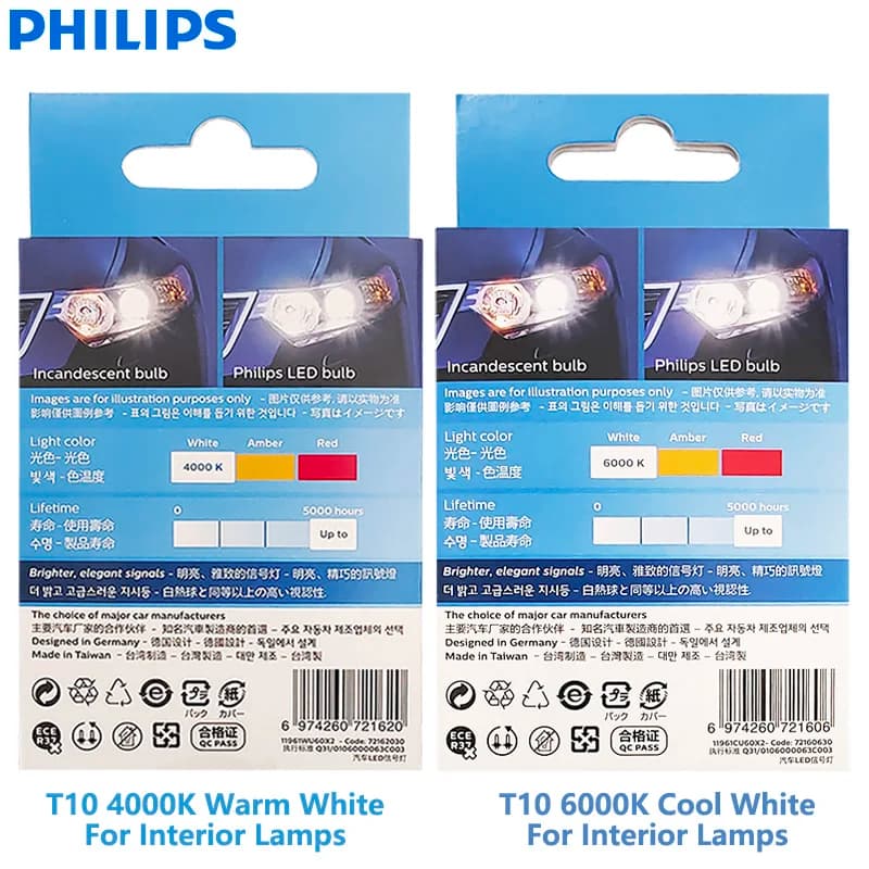Philips LED T10 W5W 194 Ultinon Pro6000 4000K 6000K Bright White Auto Turn Signal Lamps Car Interior Lamps No Error 11961, 2x - 4