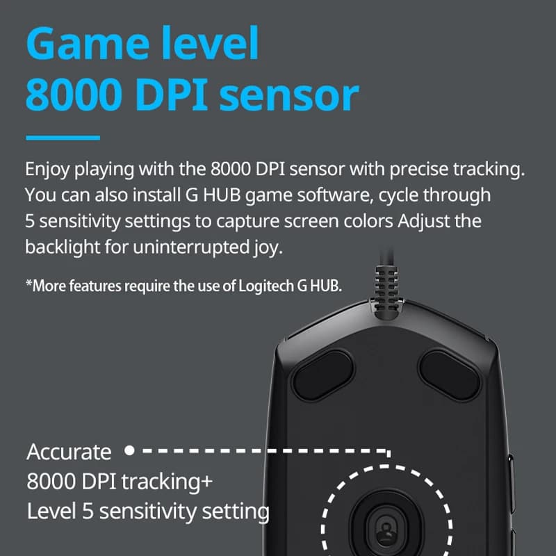 ماوس لوجيتك G102 الأصلي مريح بصري 8000DPI إضاءة LED ملونة 16.8 مليون لون تخصيص 6 أزرار سلكي ملحقات ألعاب الكمبيوتر - 4