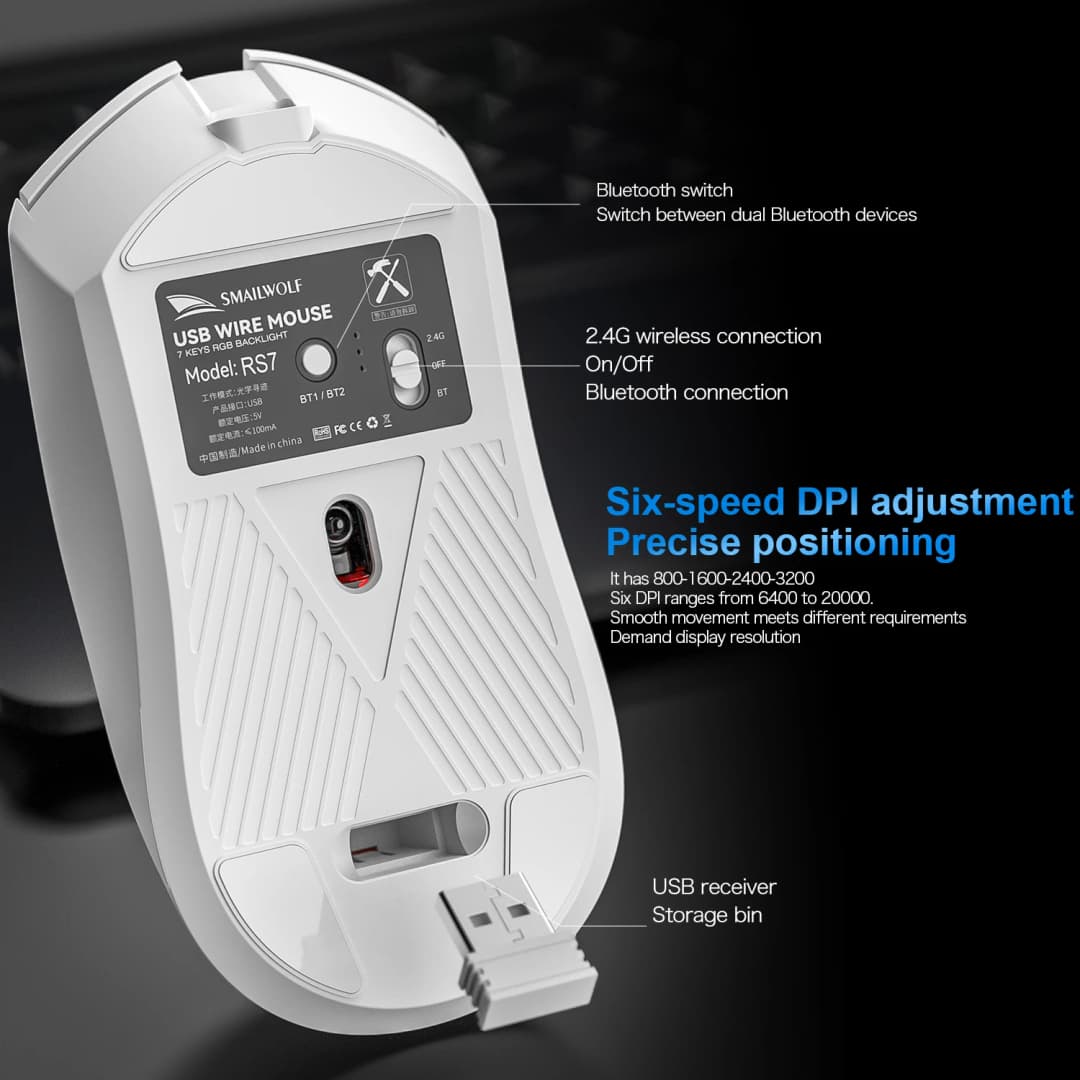 ماوس ألعاب رياضي إلكتروني من SMAILWOLF RS7 لاسلكي بتقنية البلوتوث وضع ثلاثي 2000DPI قابل للتعديل بست سرعات ماوس مكتب للألعاب PAW3311 - 4