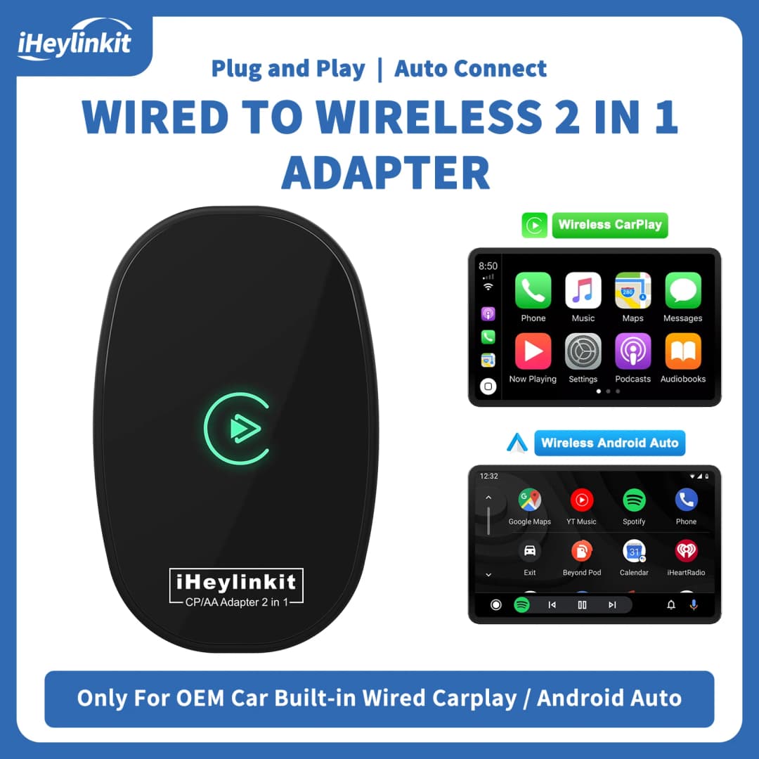 محول iHeylinkit 2 في 1 من Wired إلى Wireless CarPlay Android Auto صندوق صغير ذكي تشغيل فوري واي فاي اتصال سريع إكسسوارات سيارة