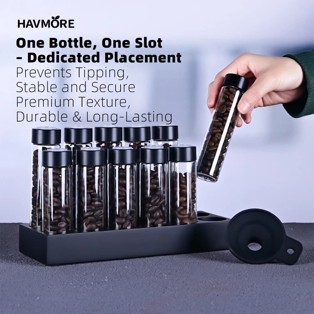 Airtight Sealed Glass 12Tubes Coffee Beans Storage Containers 22g Single Dose Aroma Valve With Coffee Bean Storage Wooden Holder