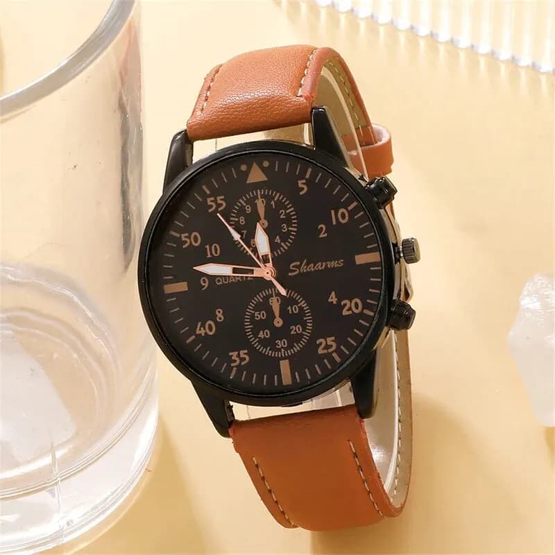 New Men Watch Luxury Bracelet Set Fashion Business Brown Leather Quartz Wrist Watches for Men Gift Set Relogio Masculino - 5
