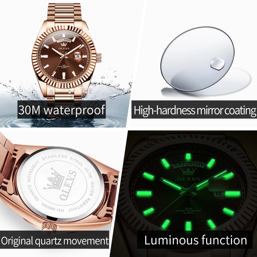 OLEVS Men's Watch Top Brand Luxury Wrist Watch For Men Fashion Rose Gold Stainless Steel Waterproof Watch Day Date Quartz Clock - 4