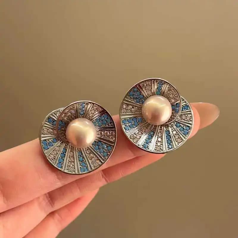 Vintage Elegant Blue Crystal Shell Pearl Conch Shape Stud Earrings for Women Fashion Simple Geometry Round Jewelry Party Gift - 3
