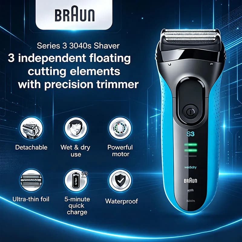 ماكينة حلاقة كهربائية Braun 3040S للحلاقة الجافة والرطبة مع شفرة للحلاقة الكاملة للجسم وتقليم السوالف وشحن سريع في 5 دقائق