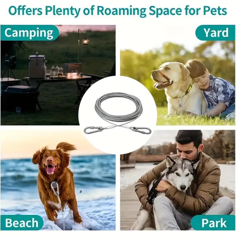 حبل ربط مزدوج للكلاب، مع مشبك معدني، سلك فولاذي مقاوم للصدأ، طوق تدريب للكلاب في الهواء الطلق - 5