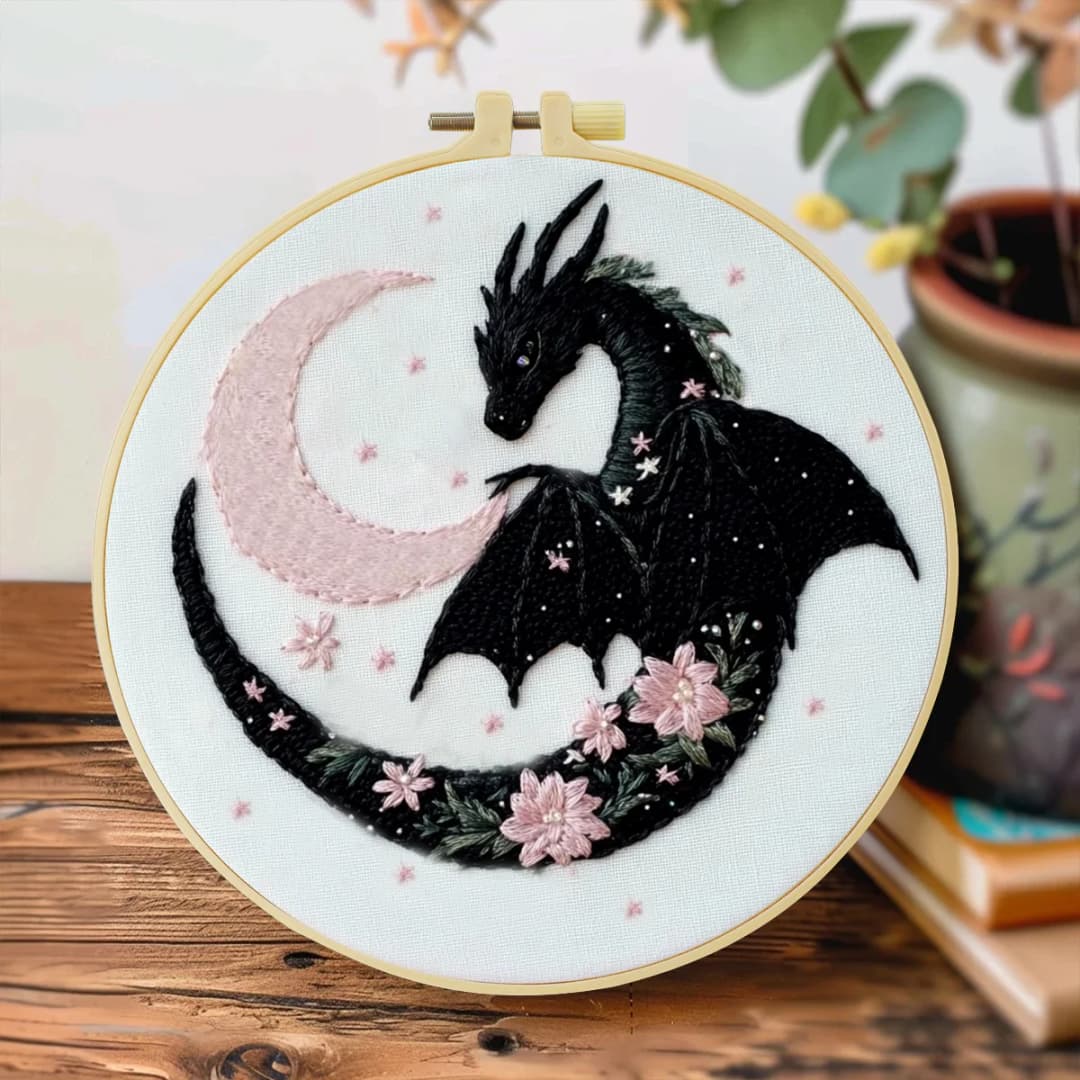 1pc 20X20CM/7.87inch The Dragon and the Moon Embroidery Starter Kit DIY kit Set for Beginner Craft Painting Sewing Art - 2