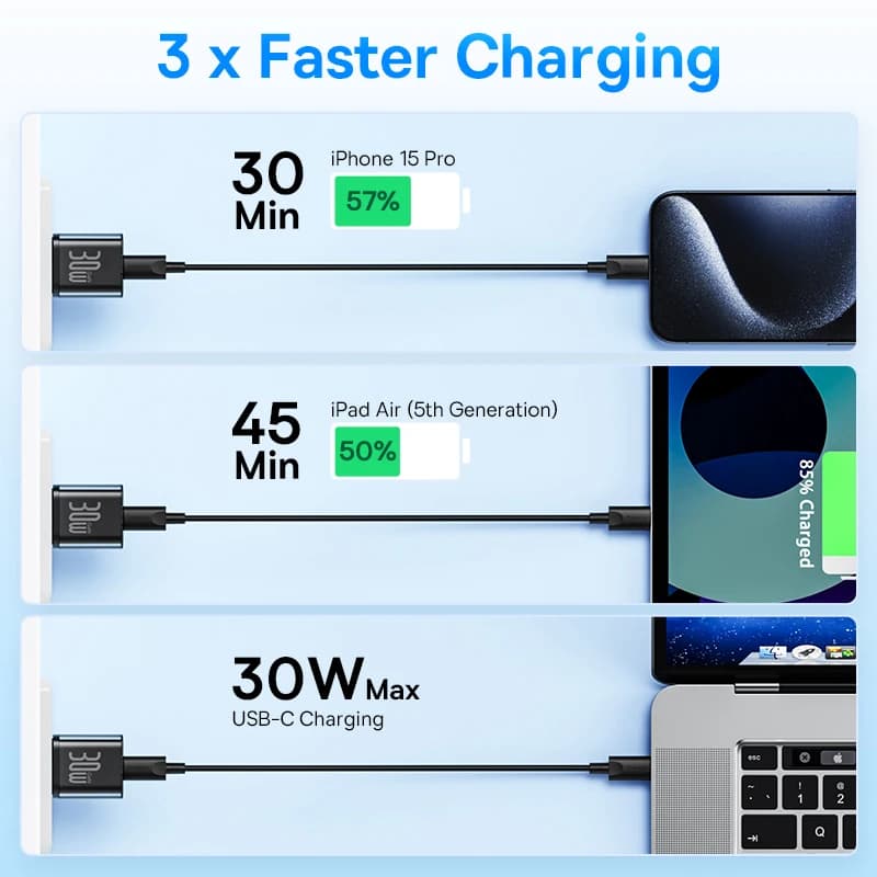 شاحن Baseus 30W GaN شاحن هاتف لجهاز iPhone 16 15 14 13 12 Pro Max شاحن USB C يدعم PD QC PPS شحن سريع للكمبيوتر المحمول - 3