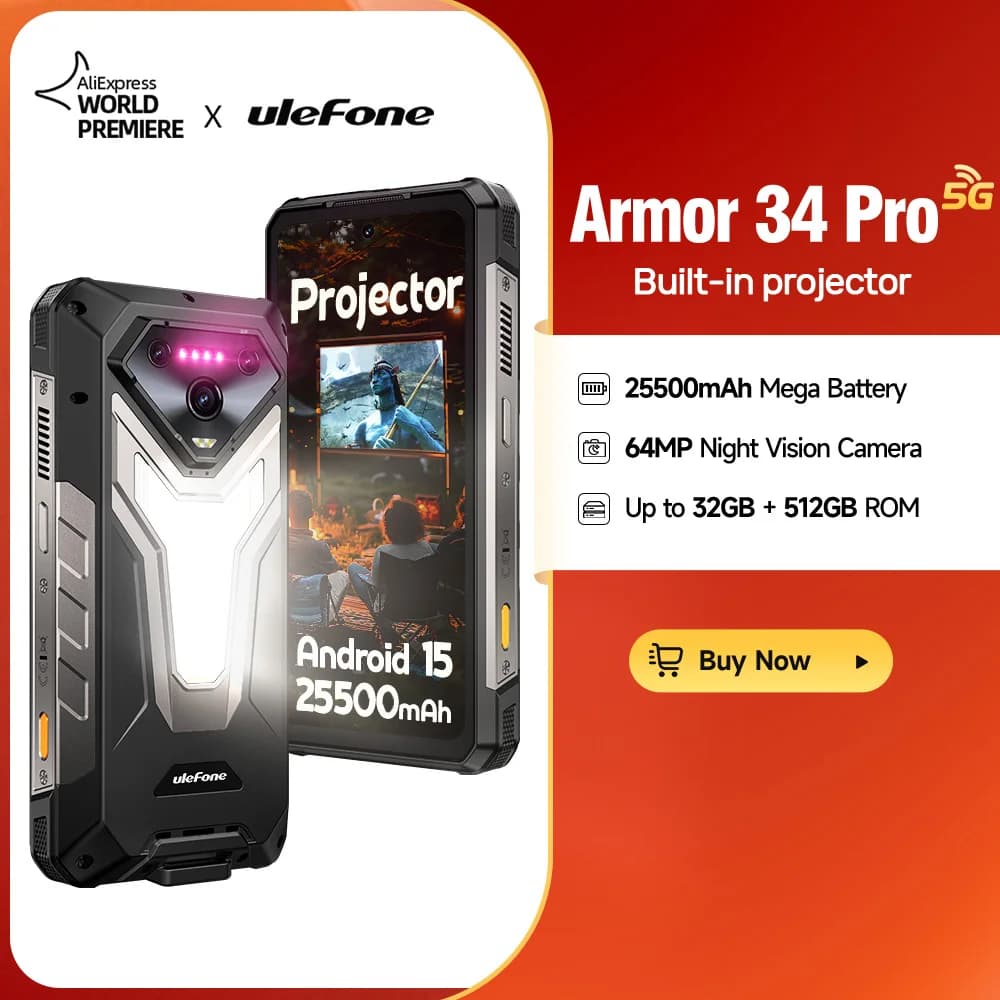 【جديد】 هاتف Ulefone AI Armor 34 Pro 5G ببطارية 25500 مللي أمبير وبروجيكتور مدمج وسعة تخزين 512 جيجابايت وشاشة 120 هرتز و6.95 بوصة وNFC