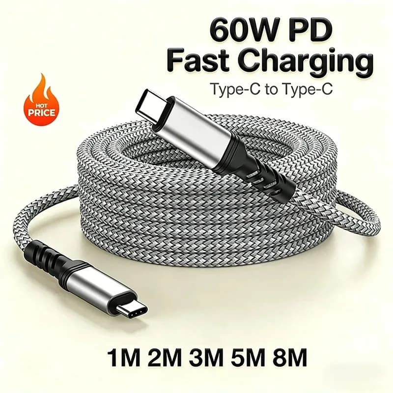 2026 New 60W Fast Charge Cable Type C To Type C 1m 2m 3m 5m 8m Universal Extended Nylon Braided PD Data Cord for iPhone Samsung