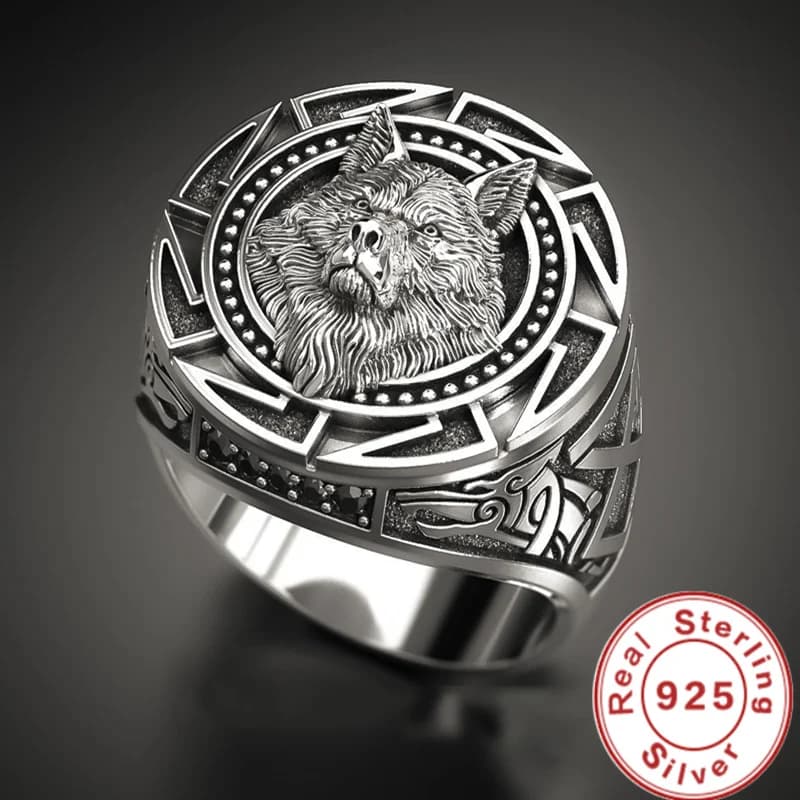 خاتم فضة استرليني 925 بتصميم ذئب محارب - خاتم تايلاندي كلاسيكي للرجال