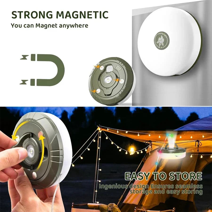 سلسلة أضواء تخييم LED بطول 10 أمتار مقاومة للماء مع مصباح جيب قابل لإعادة الشحن وخطاف - 2 في 1 إضاءة جو RGB - 4