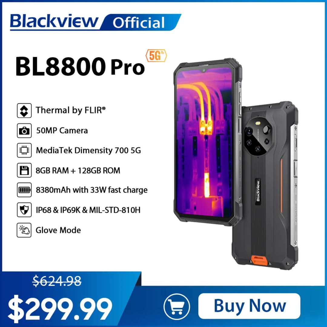 هاتف Blackview BL8800 Pro بكاميرا تصوير حراري FLIR، هاتف ذكي متين مقاوم للماء يدعم الجيل الخامس، ذاكرة 8+128 جيجابايت، بطارية 8380 مللي أمبير مع شحن 33 واط