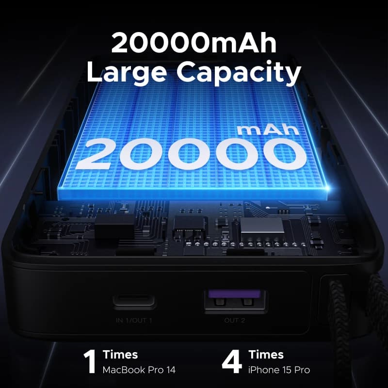 بنك طاقة UGREEN 67 واط 20000 مللي أمبير كابل Type-C مدمج، شاحن كمبيوتر محمول PD3.0 65 واط، متوافق مع بطارية Xiaomi الخارجية 67 واط - 5
