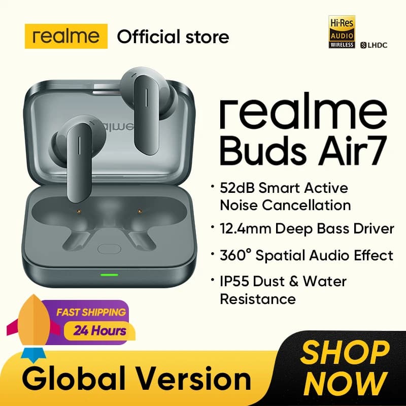الإصدار العالمي realme Buds Air 7 سماعة أذن TWS عزل ضوضاء 52dB بطارية تدوم حتى 52 ساعة مشغل باس 12.4 مم LHDC 5.0 IP55