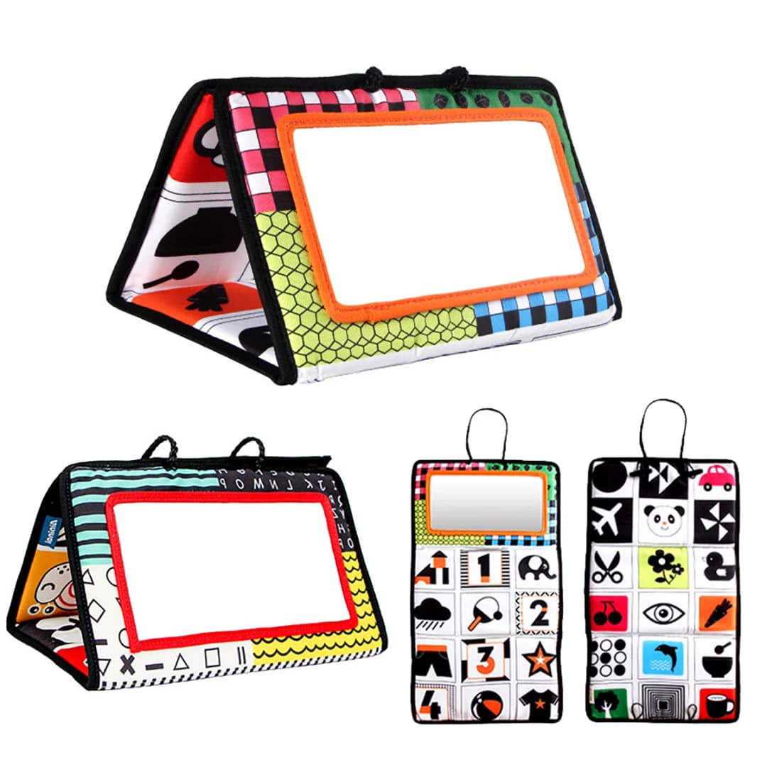 أبيض وأسود الوليد مرآة لعب الطفل البطن الوقت للأطفال تطوير مونتيسوري الزحف عالية التباين النشاط لعبة حسية - 2