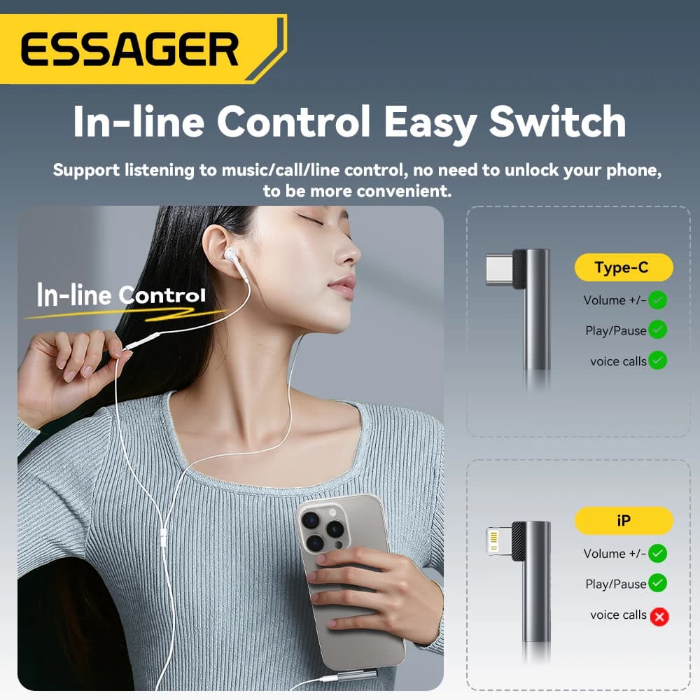 Essager L-shape Type-C to 3.5mm Jack Audio Adapter for iPhone 16 15 Samsung Lightning to 3.5mm Headphone Adapter for iPhone 14 1 - 3
