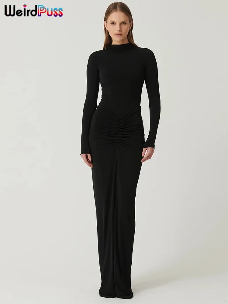 Weird Puss Hipster Ruched Dress Women o-NeckFull Sleeve  Skinny Stretch Robe Autumn Trend Simple Classic Pleats Long Bodycon - 2
