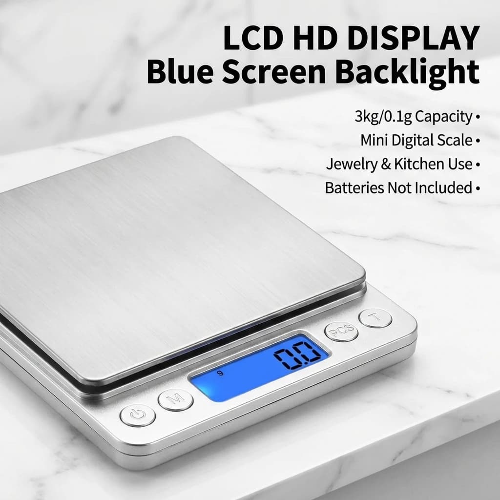 ميزان مطبخ رقمي 3000 جرام/0.1 جرام مع صينيتين ميزان جيب مجوهرات صغير شاشة LCD لموازين الطعام المنزلية - 3