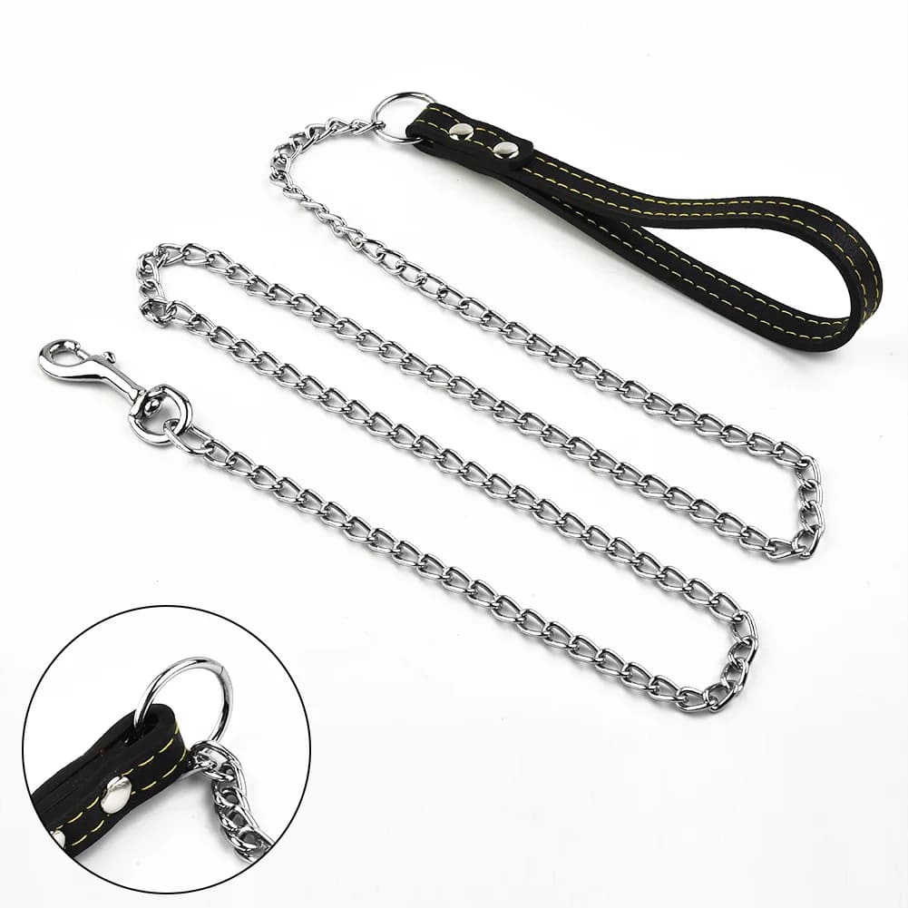 Metal Chain Dog Leash Leather Handle dog collar Dog walking rope Pets Supplies Durable strong control - 2