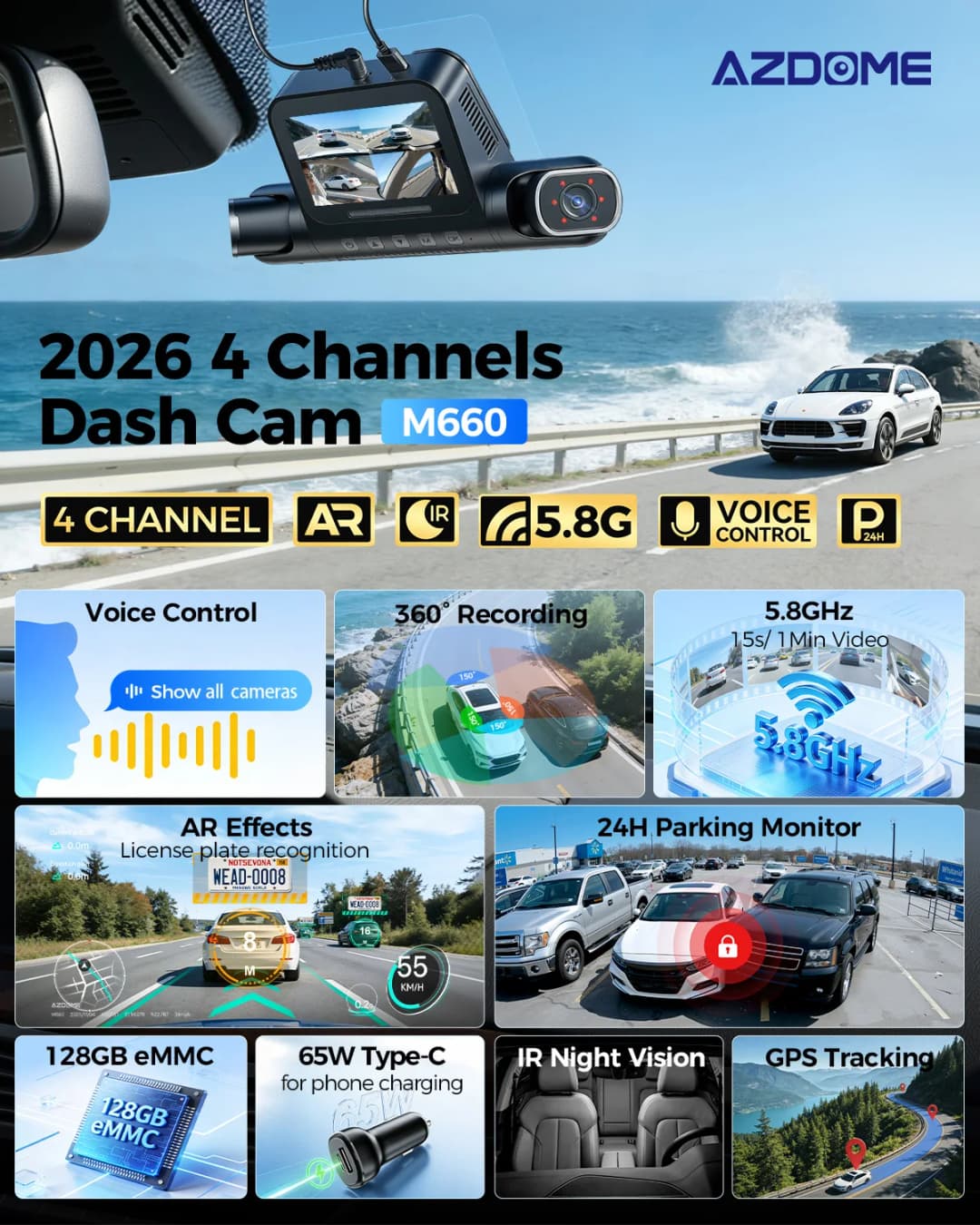 AZDOME M660 مسجل فيديو رقمي للسيارات 4 قنوات 360 °   كاميرا داش أمامية وخلفية داخل 128G EMMC WIFI GPS كاميرا داش للسيارات 2.5K + - 2