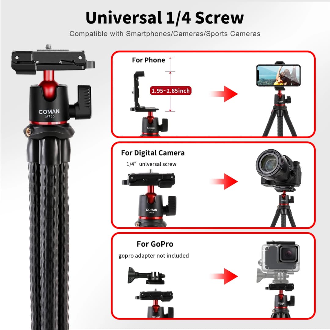 COMAN MT-35 Flexible Octopus Tripod For Smartphone DSLR Camera Tripod Travel Portable 2 in 1 Tripod With 1/4 Screw For Magic Arm - 2
