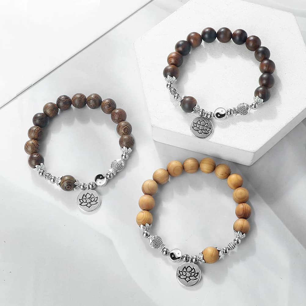 Classic Wooden Beads Prayer Bracelet  Good Luck Lotus Meditation Yoga Jewelry Black Rosewood Cypress Elastic Bangle Women Men - 6