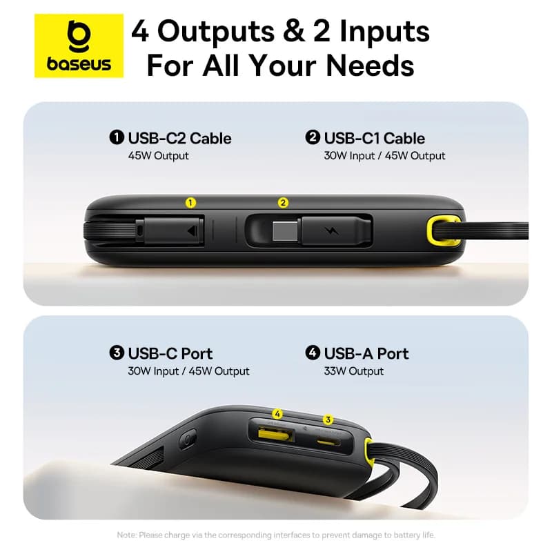 شاحن محمول Baseus بقوة 45 واط وسعة 20000 مللي أمبير مع كابل USB-C وLightning قابل للسحب مدمج لهواتف آيفون 17 و16 و15 وسامسونج S25 وشاومي بوكو - 5