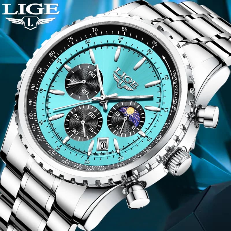 ساعة LIGE الجديدة للرجال Relogio Masculino ساعة كوارتز مضيئة مقاومة للماء من الفولاذ الكامل للرجال كرونوغراف تاريخ عسكري عصري