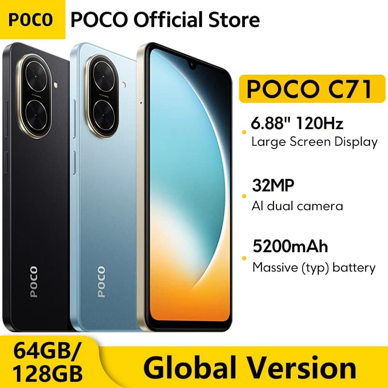 هاتف POCO C71 نسخة عالمية معالج UNISOC T7250 شاشة غامرة 6.88 بوصة كاميرا مزدوجة 32 ميجابكسل AI شحن 15 واط بطارية 5200 مللي أمبير