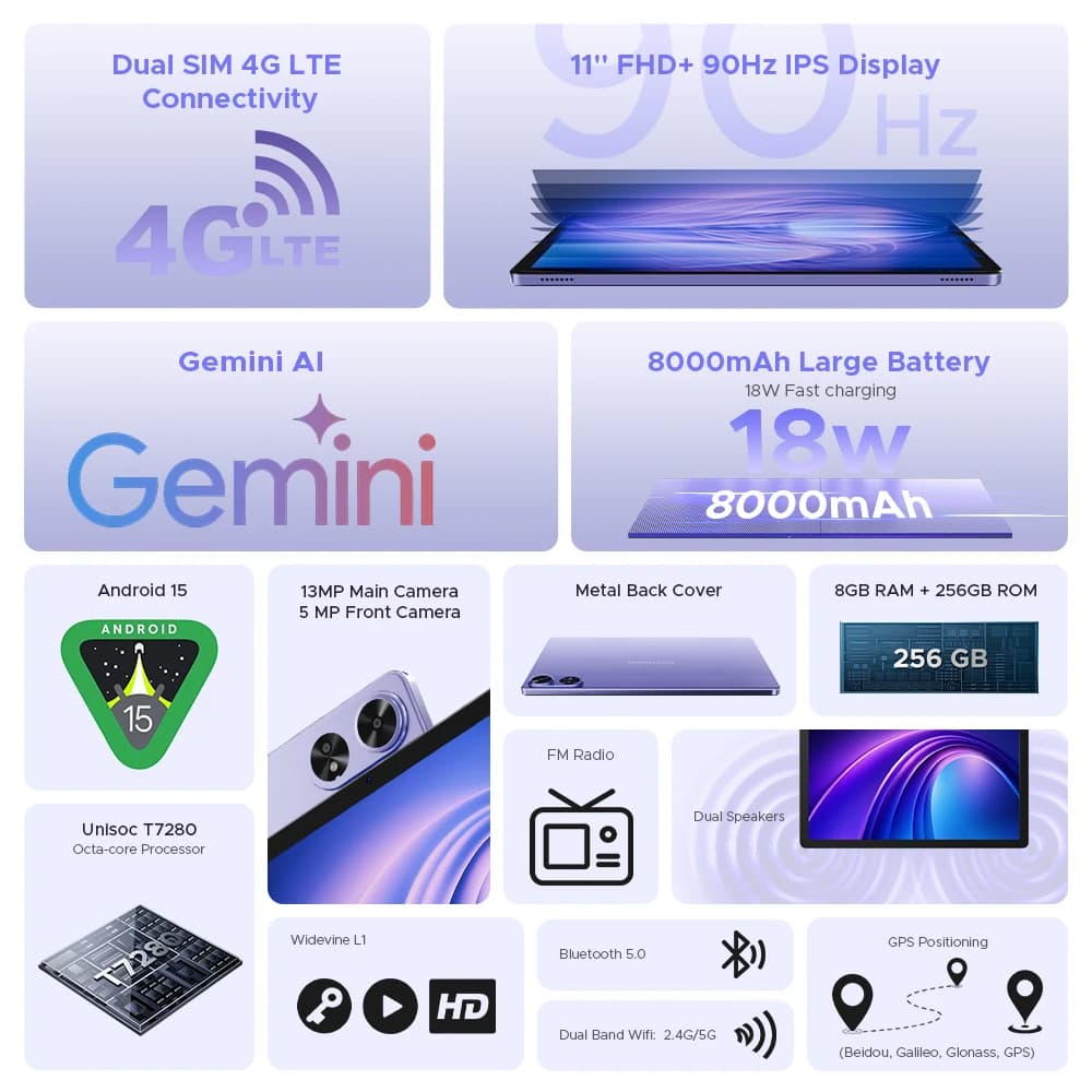 DOOGEE Tab G6+ Tablet Android 15 Gemini Al 11'' Display Dual Speakers 8000mAh Battery 8GB 256GB Support Widevine L1 Smart Pad - 2