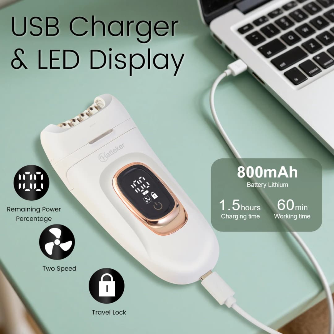 Hatteker 2-في-1 ماكينة إزالة الشعر النسائية المحمولة للعناية بالساقين والجسم والإبطين والوجه مقاومة للماء IPX7 - 4