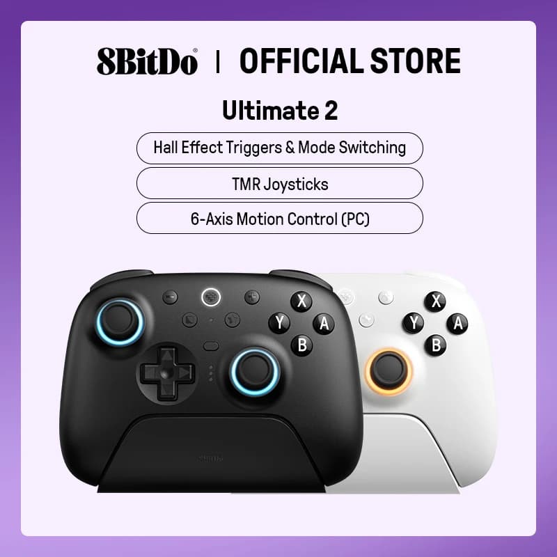 8BitDo Ultimate 2 وحدة تحكم ألعاب بلوتوث لسويتش 2،1& كمبيوتر Windows بعصي تحكم TMR، زناد قابل للتبديل، تحكم بالحركة