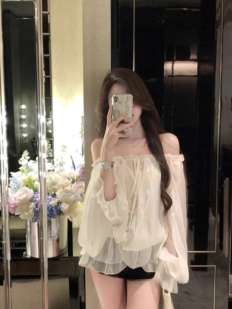 قميص شيفون أبيض بكتف واحد وأكمام طويلة للنساء، قميص صيفي فاخر، قميص أنيق وفريد، قميص على الطراز الفرنسي فضفاض - 5