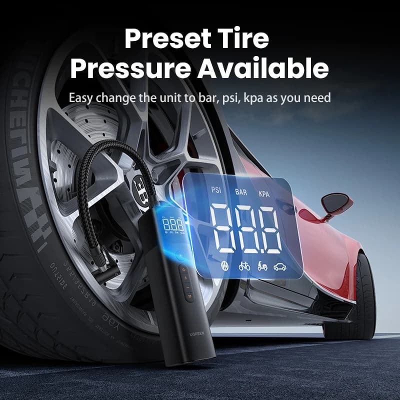 مضخة هواء UGREEN للسيارة ضاغط هواء محمول للسيارات والدراجات النارية والدراجات الهوائية منفاخ إطارات كهربائي مع شاشة LCD رقمية - 3