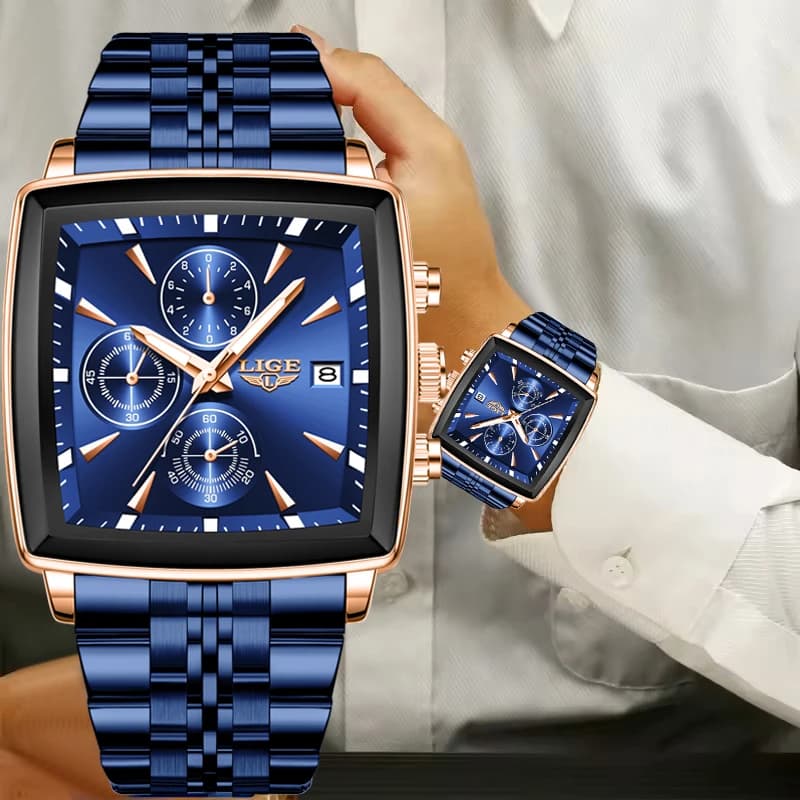 LIGE New Luxury Square Blue Men's Wristwatch Fashion Mens Watches Stainless Steel Waterproof Quartz Clock Male Relogio Masculino - 6