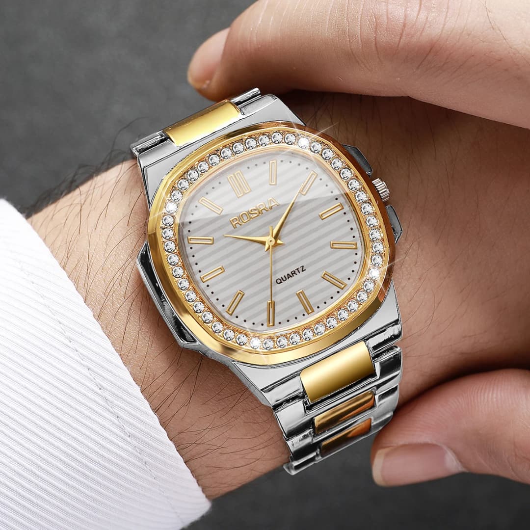 Luxury Rhinestone Men Business Watches Fashion Square Dial Steel Band Male's Quartz Wristwatch Reloj Hombre（Without Box） - 2