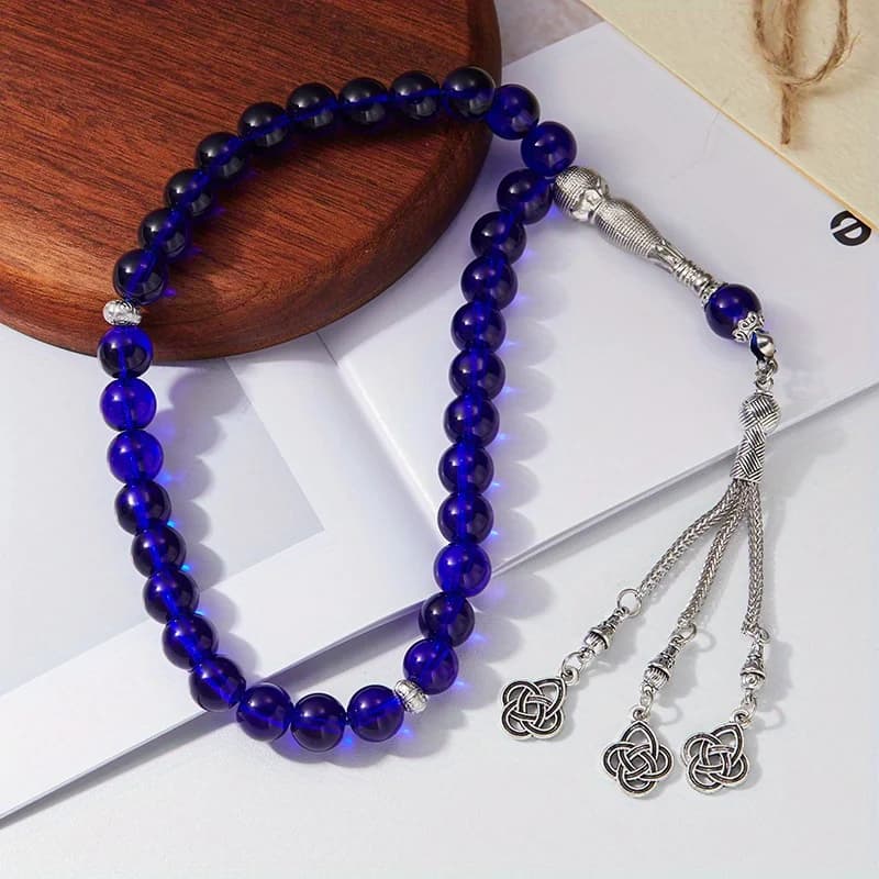 مجوهرات أنيقة زرقاء للنساء، قلادة خرز معقود، مسبحة صلاة إسلامية، خيط يدوي مع شرابة، مجوهرات إسلامية للشرق الأوسط
