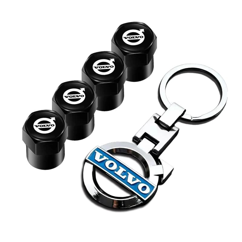Car Tire Wheel Valve Cap Cover+Metal Car Key Chain Ring Keychain For Volvo V50 XC60 V40 XC90 S60 XC40 V60 V70 S90 Olestar AWD T6 - 4