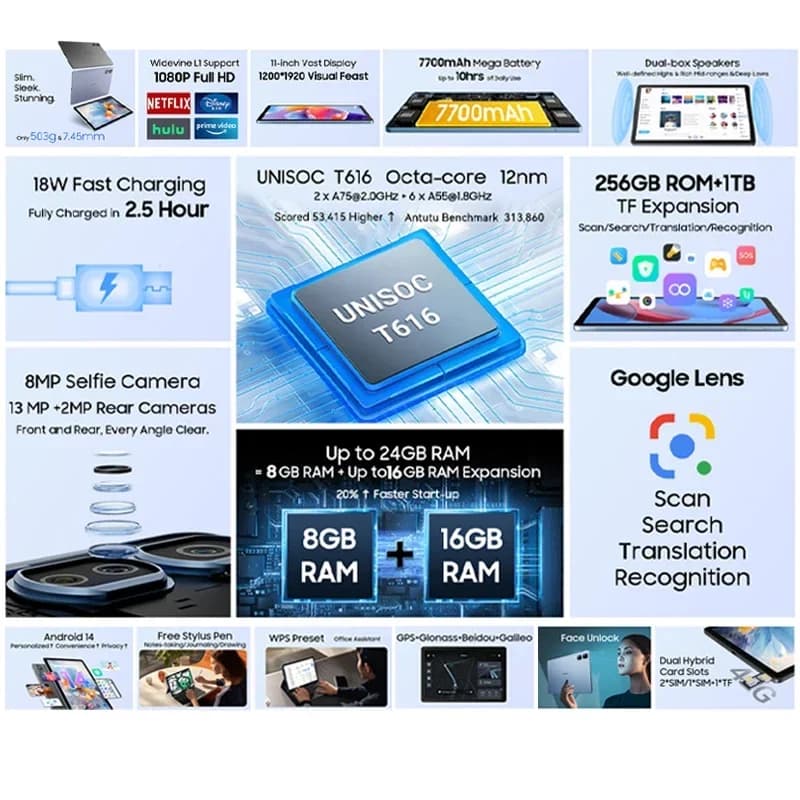 جهاز لوحي بلاكفيو تاب 16 برو 8 جيجابايت + 256 جيجابايت 11 بوصة شاشة FHD+ بطارية 7700 مللي أمبير أندرويد 14 وايدفاين L1 يونيسوك T616 - 2