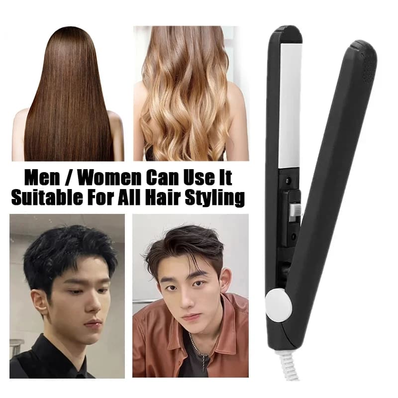 Electric Ceramic Mini Hair Straightener Unisex Portable Flat Iron Wet/Dry Straightening Curling Irons Black FastHeat Hair Curler - 3